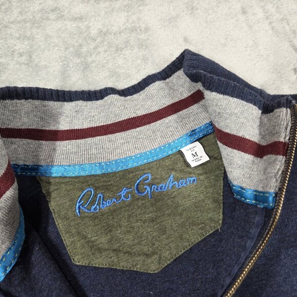 Robert Graham Sweater Mens Medium Navy Blue Knit 1/4 Zip Preppy Casual Shirt - Picture 3 of 8